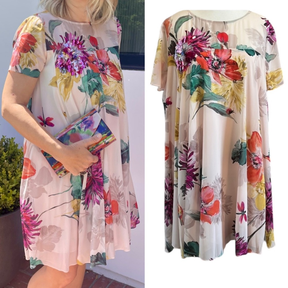 Trina Turk Floral Silk Dress Embellished Sequin Flower Medium
